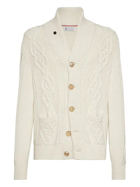 Brunello Cucinelli Cashmere feather yarn cable-knit cardigan with metal buttons