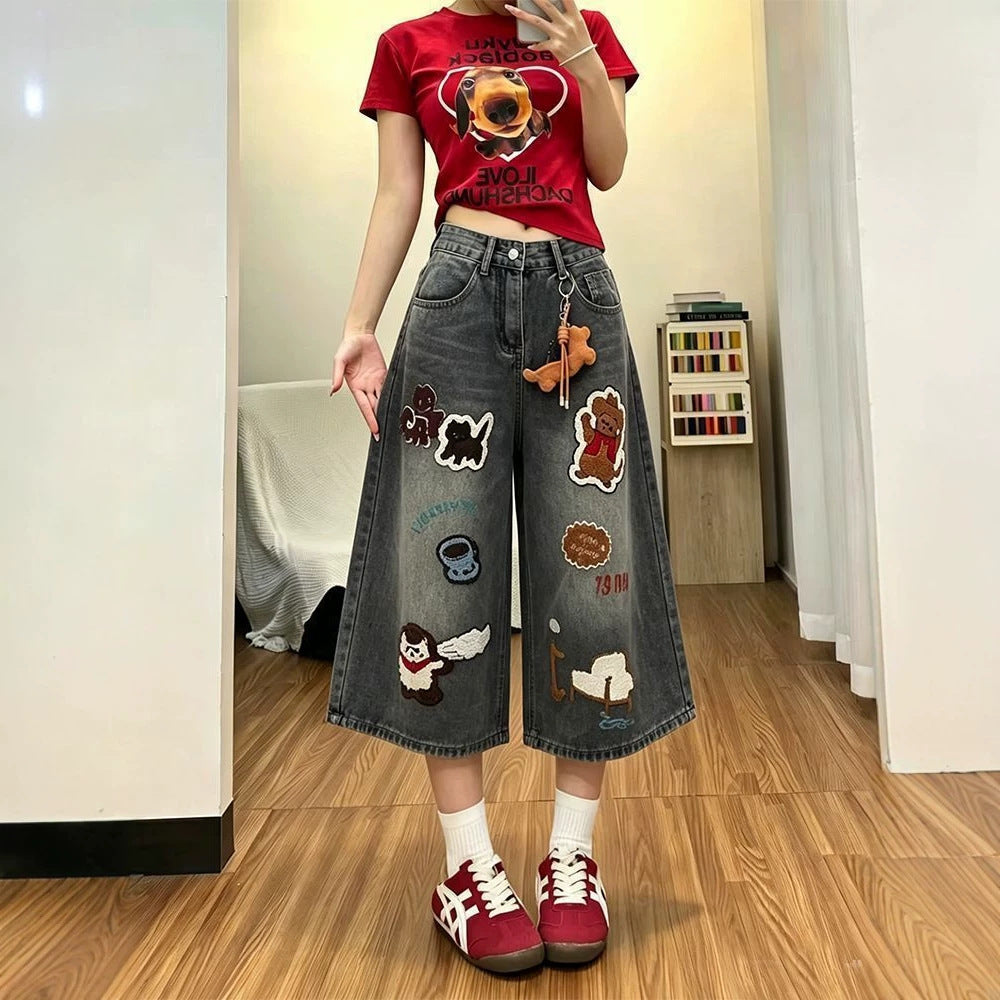 Cartoon Patch Embroidery Cropped Wide Leg Washed Denim Culottes