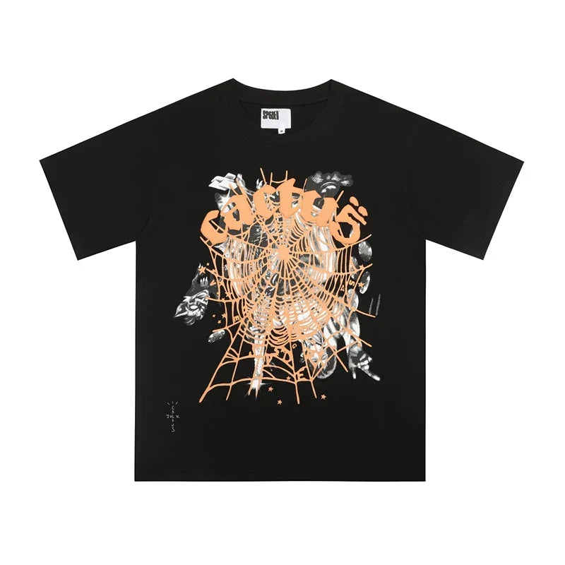 Cactus Jack x Sp5der Orange Web Graphic Black Short Sleeve T-Shirt