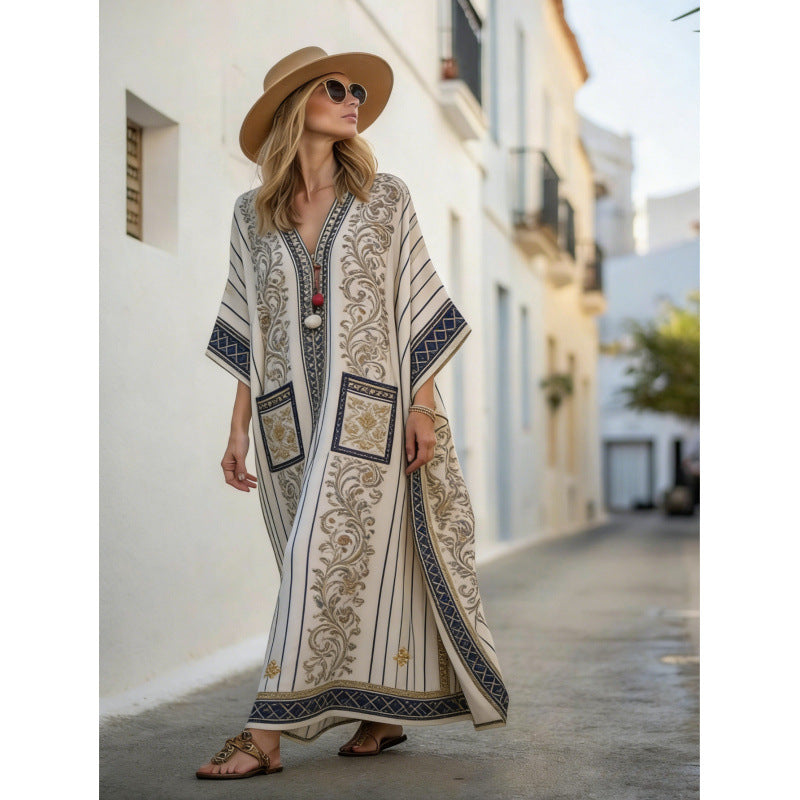Women's Boho Striped V-Neck Pocket Kaftan Maxi Dress