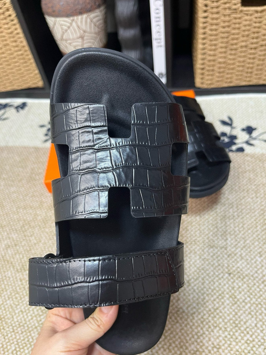 Hermes Men's Kazimir Black Slide Sandals