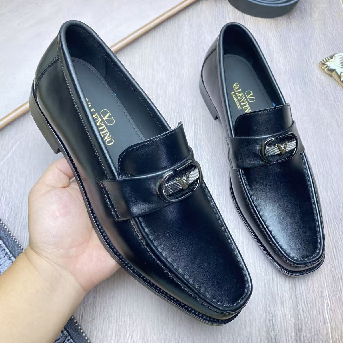 Valentino Square-Toe Loafers with Metal Detail